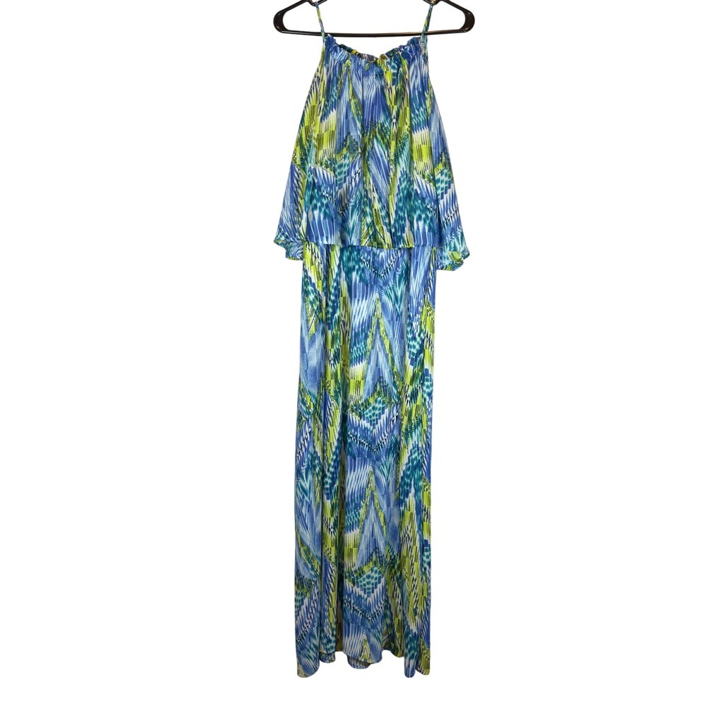 NY Collection Maxi Dress Large Tropical Green Blue Semi Halter Resortwear Lined